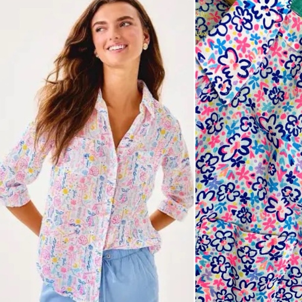 Lilly Pulitzer Sea View Pink Confetti Linen Button Down Shirt Blouse
